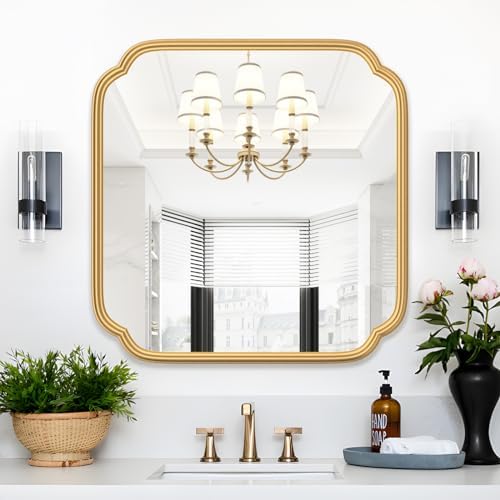 Ferytange Gold Bathroom Mirror for Wall 24" x 24" Modern Rounded Corner Square by FerytangeHome