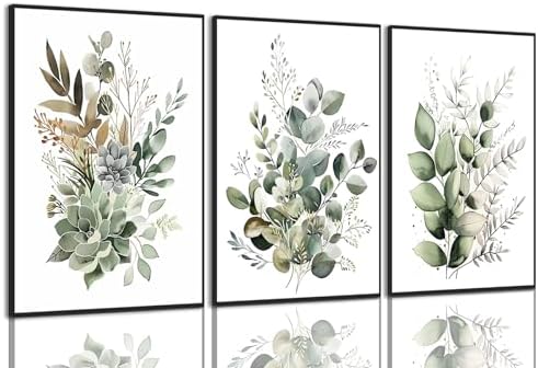 Sage Green Eucalyptus Framed Wall Art Set of 3, 16x24 inch by Bwodke