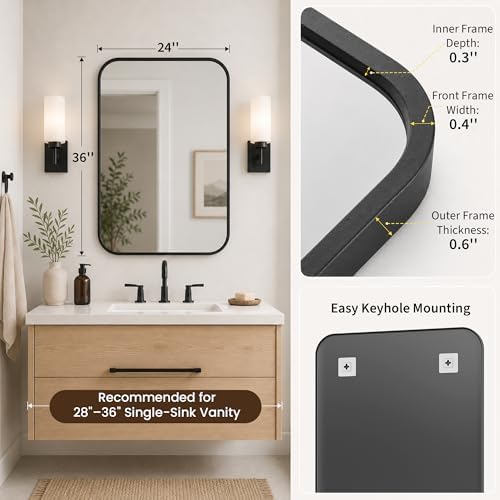 24x36 Inch Matte Black Rounded Rectangle Bathroom Vanity Mirror - Image 2