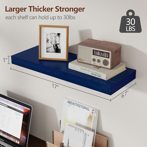 fuqing Blue Floating Shelves for Wall, 17 Inch Wood Wall Shelves Set of 3 - Image 3