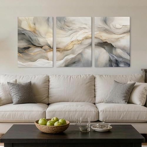 EJPFOGV Triptych Grey White Gold Wrapped Canvas Wall Art 16x24 inches x3 - Image 2