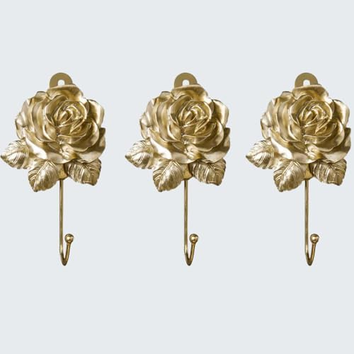 3 Pcs Gold Rose Decorative Wall Hooks, Resin Flower Towel & Key Hooks by MDPLY