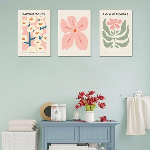Yaneiro Pink Flower Market Wall Art Set of 3, Colorful Wildflowers Floral - Image 3