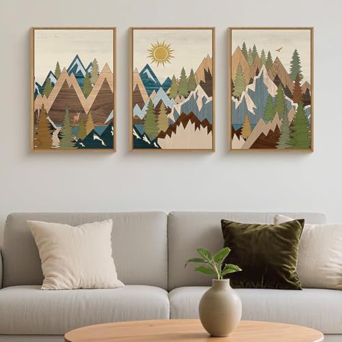 FWIEXA Large Mountain Canvas Wall Art Set Woodcut, Sunrise Pine Tree Framed by FWIEXA