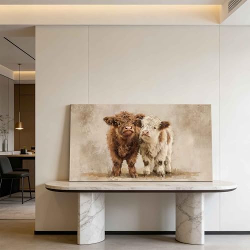 Highland Cow Calves Canvas Wall Art Large Retro Calf Decor Painting Picture - Image 4