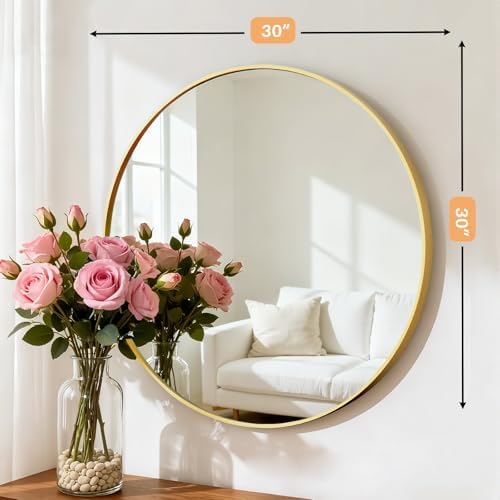 30 Inch Round Bathroom Mirror for Wall, Matte Gold Metal Framed - Image 3