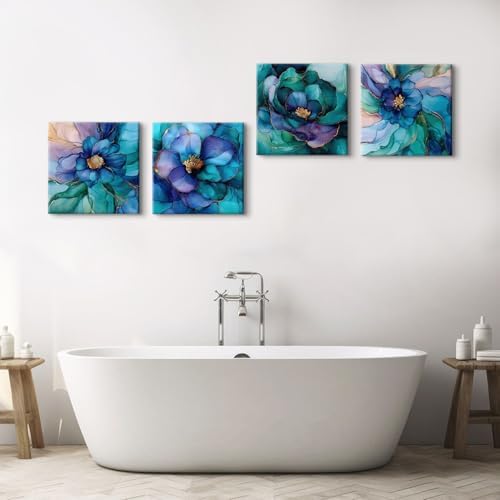 BL BORLINART Teal Blue and Gold Flower Wall Art Modern Wall Decor Abstract - Image 3