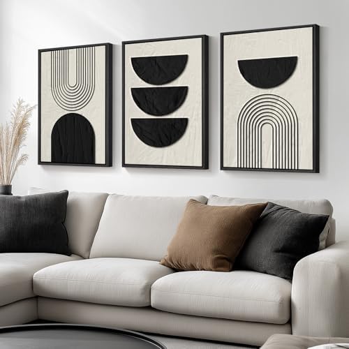 Large Framed Boho Neutral Abstract Wall Art, 3 Piece Canvas Prints 24x36 In by Cuspin