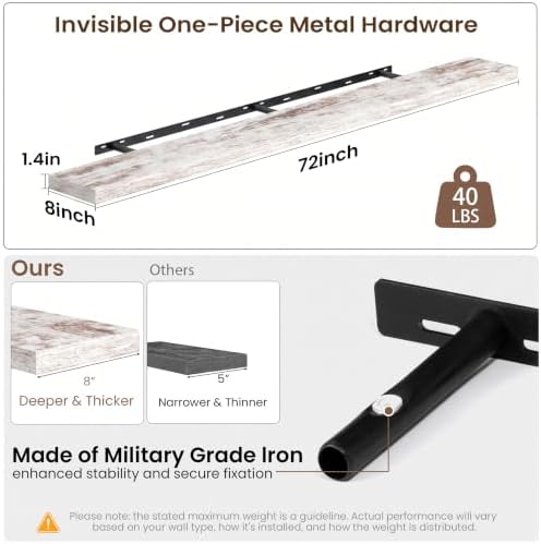 72x8in Floating Shelves 2 Pack, Wall Mount Display Shelf - Image 3