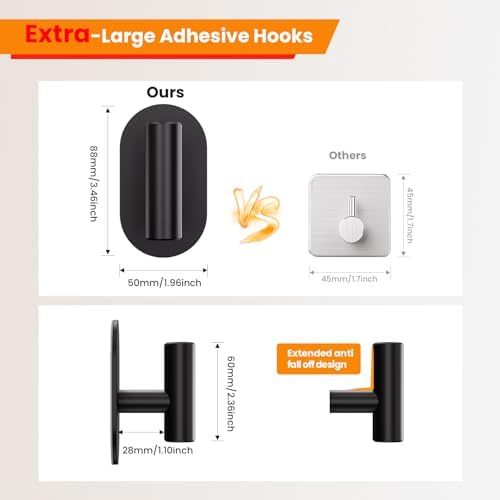 Aikzik Black Adhesive Hooks Heavy Duty-Max 26lb, Wall Hooks - Image 3