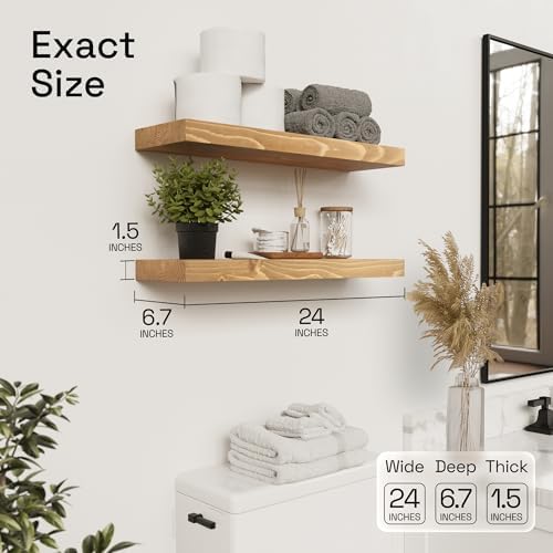 Natural Wood Floating Shelves for Wall 24 inch Oak, Wooden Bathroom Shelf - Image 3