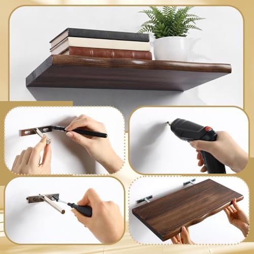 Pinkunn 4 Pcs Floating Shelves for Wall Rustic 15.75 Inches Walnut Wooden - Image 4