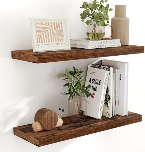 Fun Memories 32" W x 9.3" D Floating Shelves, Rustic Wood Deep Shelves by FunMemories