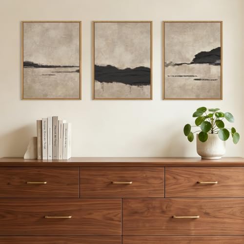 Black and Tan Abstract Neutral Framed Canvas Wall Art Set, Dark Brown Black - Image 3