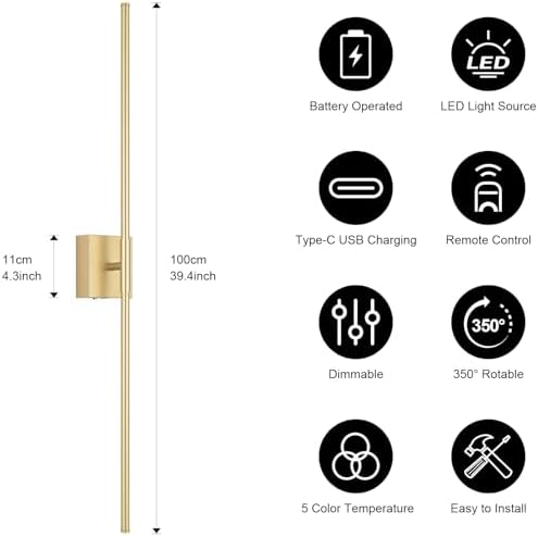 Battery Operated Wall Sconce, 3000K-6000K Dimmable Gold Wall Lights - Image 5