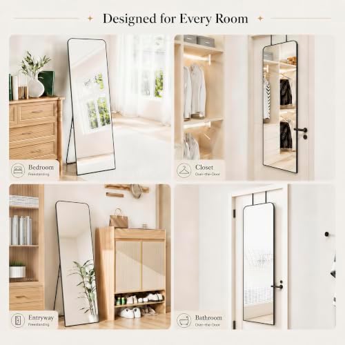57x20" Full Length Mirror Floor Stand, Over the Door, Wall Mounted Black - Image 3