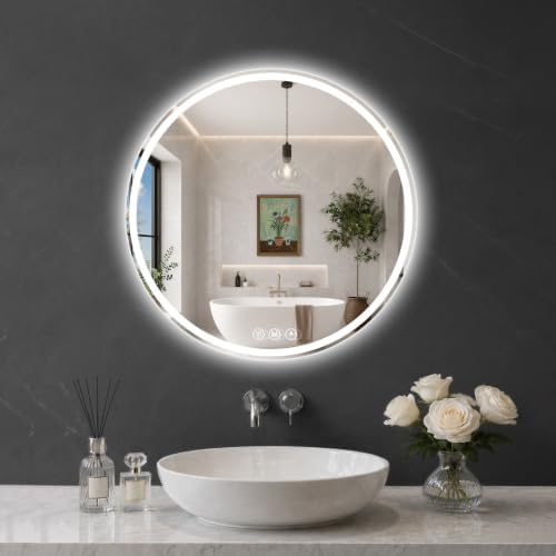 Round LED Bathroom Mirror, 26 Inch, HD Shatterproof Tempered Glass by WISSMIELSHOME