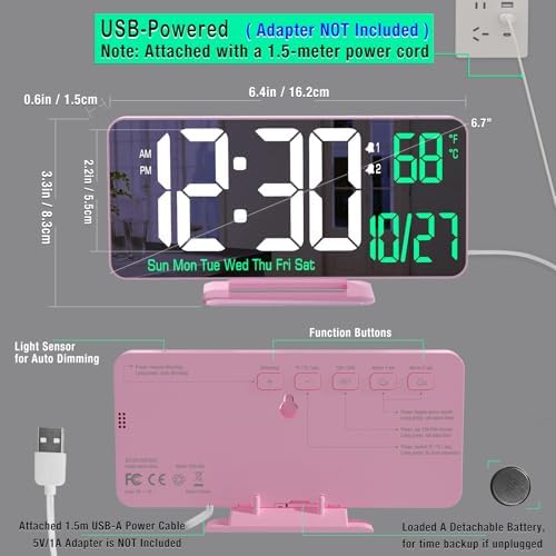 KOSUMOSU Pink Digital Clock 6.7in Desk Clock - Image 5