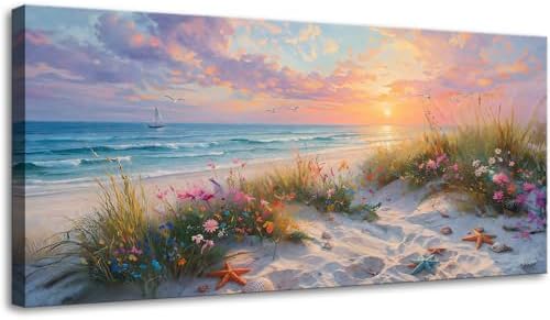 Sunset Coastal Canvas Wall Art Seaside Wildflower Seascape Print Ocean Beach by weiyiart
