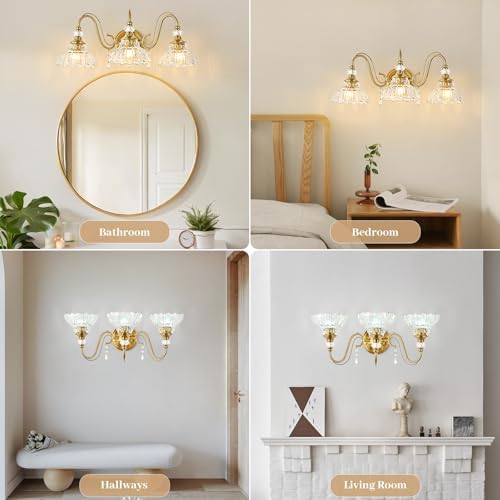 Vintage Bathroom Vanity Light, 3-Light Brushed Gold Finish Wall Sconce - Image 5