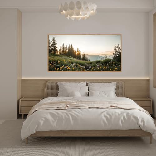 FWIEXA Green Forest Mountain Framed Canvas Wall Art Set, Wildflower Meadow Wall - Image 3