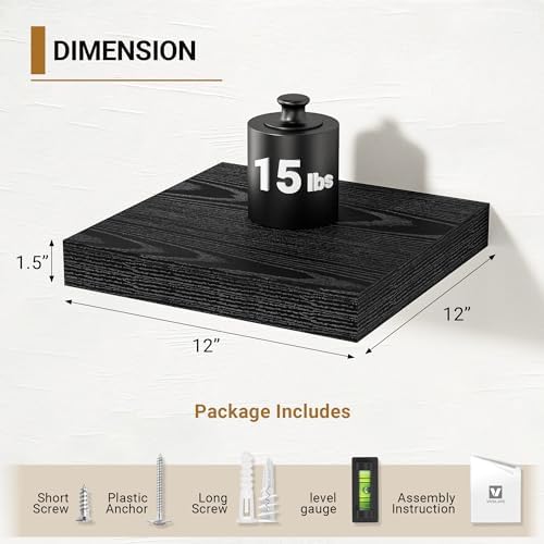 Vivelove Black Floating Shelves, 12 X 12 Inches Deep - Image 3