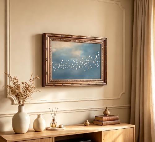 Vintage Gold Framed Flock of Birds in Flight Wall Art, Abstract Teal and Blush - Image 3