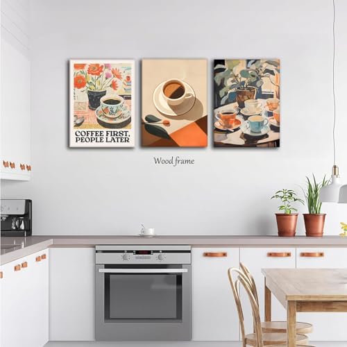 Vintage Coffee Kitchen Canvas Wall Art Set of 3, Fashion Aesthetic Flowers - Image 2