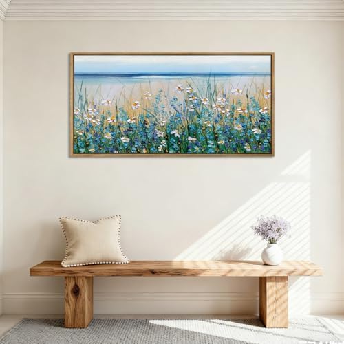 Large Blue Seaside Cyan Floral Wall Painting wildflower Blossom Art Framed - Image 4