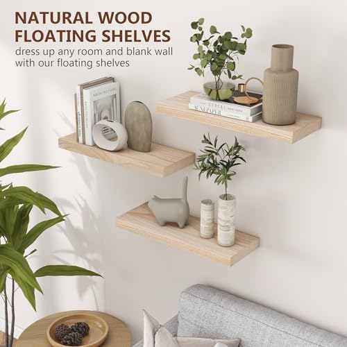 fuqing Natural Wood Floating Shelves, 17 Inch Wooden Wall Shelves Set of 3 - Image 6