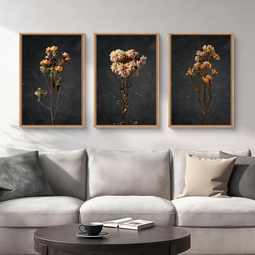 HOURIA Dark Moody Dried Floral Framed Canvas Wall Art Set- 16"x24"x3 by HOURIA