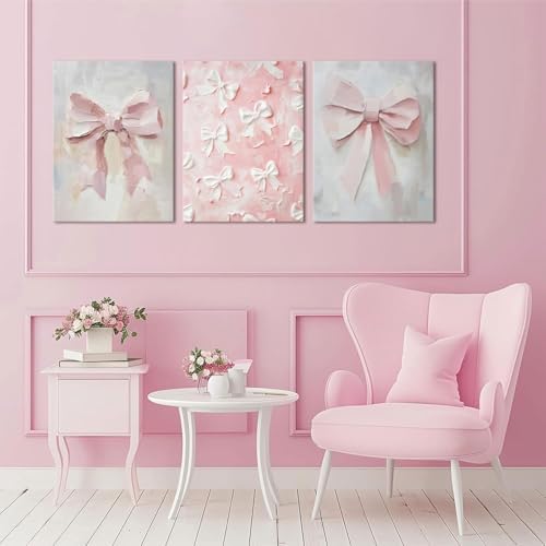 Pink Bow Canvas Wall Art Set of 3 Coquette Oil Painting Cute Bow Posters Wall - Image 7