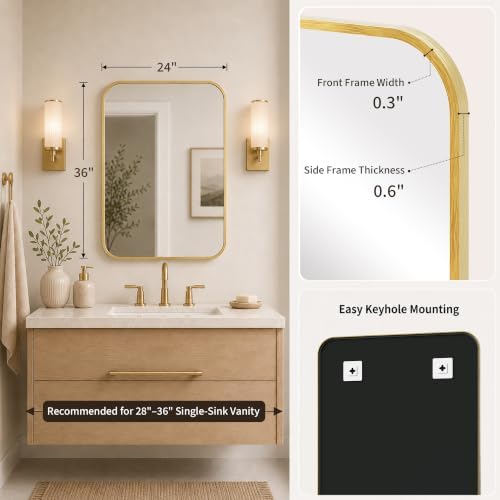 24x36 Inch Brushed Gold Rounded Rectangle Bathroom Vanity Mirror - Image 2