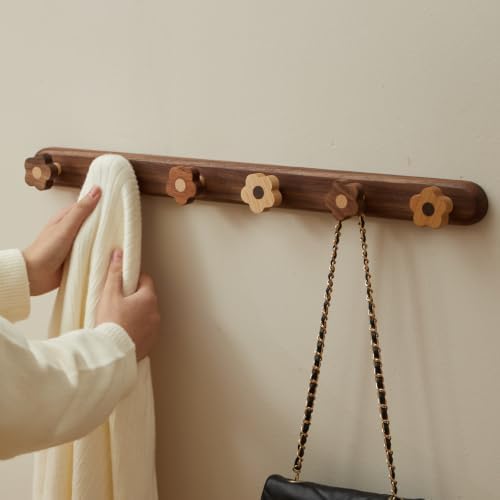 Kids Coat Rack Wall Mount with 6 Cute Flower Hooks, Decorative Walnut Wood Wall - Image 2