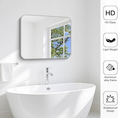Silver Bathroom Mirror, 30 x 36 Inch Metal Framed Silver Rectangle Mirror - Image 5