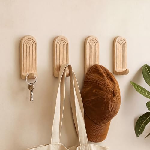 AceOrbit 4 Pcs Natural Rainbow Arch Adhesive Wall Hooks Boho Handmade Wooden No - Image 6