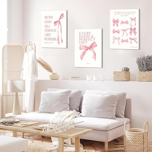 3 Pcs Coquette Pink Bow Canvas Wall Art Inspirational Bible Verses Bow Posters - Image 5