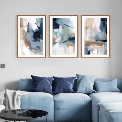LHIUEM Large Abstract Navy Blue Framed Canvas Wall Art, Neutral Brush Stroke - Image 3