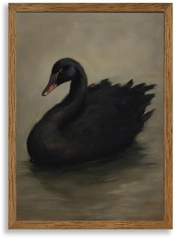 AVECCO Vintage Elegant Black Swan on Water Wall Art Canvas Framed 16x24 in by Unknown