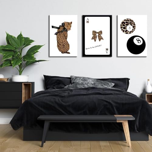 Set of 3 Trendy 8 Ball Leopard Canvas Wall Art Ace Card Bow Wall Decor Pictures - Image 4