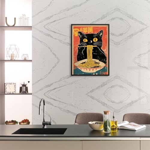 Black Framed Canvas Wall Art Posters Vintage Funny Black Cat Eating Ramen - Image 4