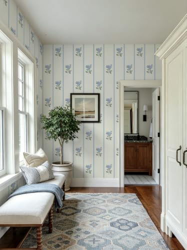 Guvana Peel and Stick Wallpaper Blue Stripe Wall Paper Floral Contact Paper - Image 7