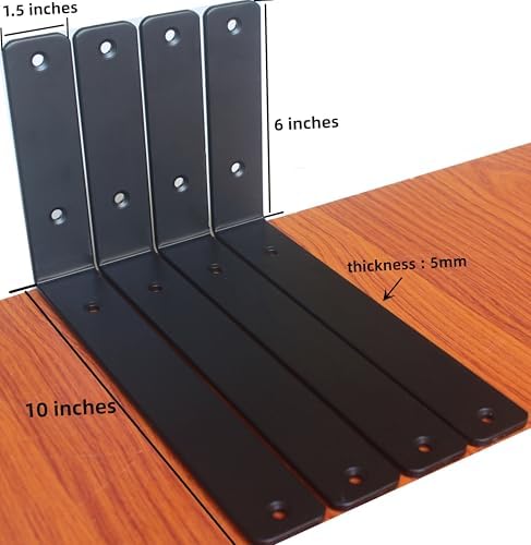 2 Pack - L 10" x H 6" x W1.5, 5mm Thick Black L Shelf Bracket, Iron Shelf - Image 2