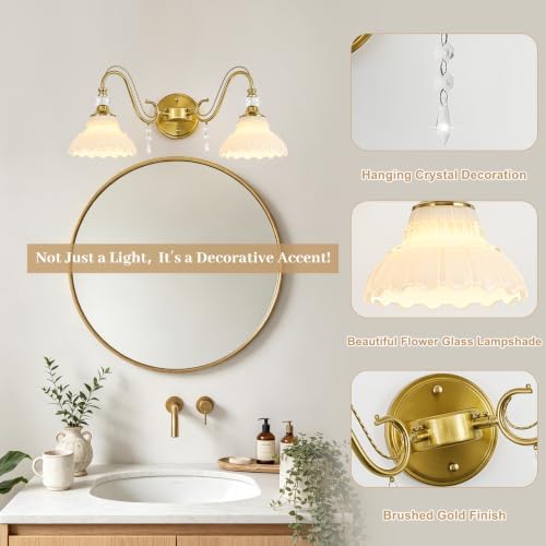 Vintage Bathroom Vanity Light, 2-Light Brushed Gold Finish Wall Sconce - Image 4