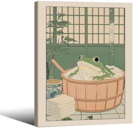 Japanese Frog in a Bathtub Wall Art Sage Green Relaxing Bathroom Posters 08x10 by Unknown