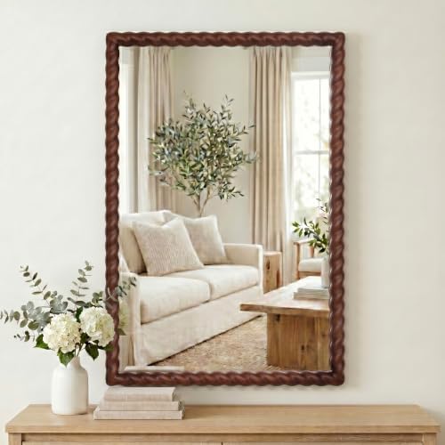 36"x24" Rectangular Solid Wood Farmhouse Decorative Wall Mirror by Unknown