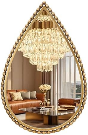 24" x 36" Teardrop Wall Mirror, Antique Gold Bold Beaded Frame by CavinHome