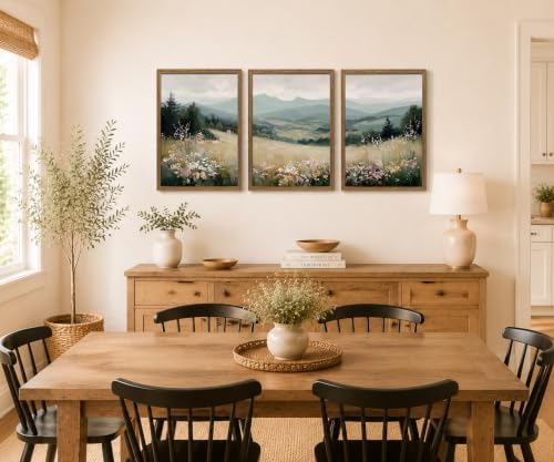 Minimalist Mountain Triptych Wall Art Set of 3, Foggy Wildflower Canvas - Image 6