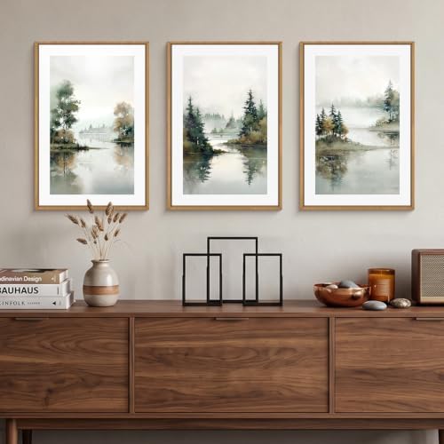 Large Foggy Forest Landscape Framed Canvas Wall Art Set, Natural Lake Scenery - Image 4