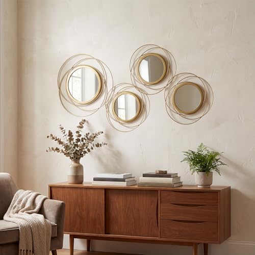 4 Piece Gold Round Wall Mirror Set Modern Metal Circles by sxnzequnze